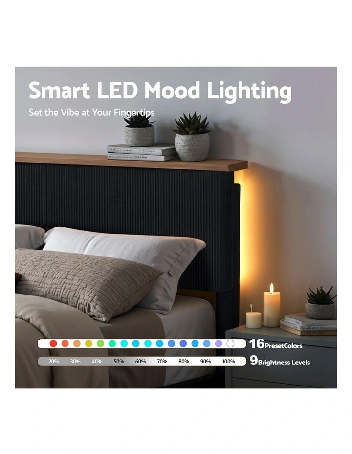 Upholstered Adjustable Headboard Mood Lighting Heavy Duty Velvet Double Bed Frame in Black image 6