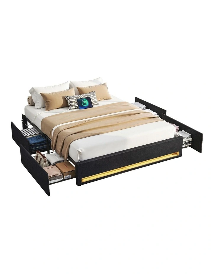 Queen Bed Frame with Storage Drawers in Black image 1