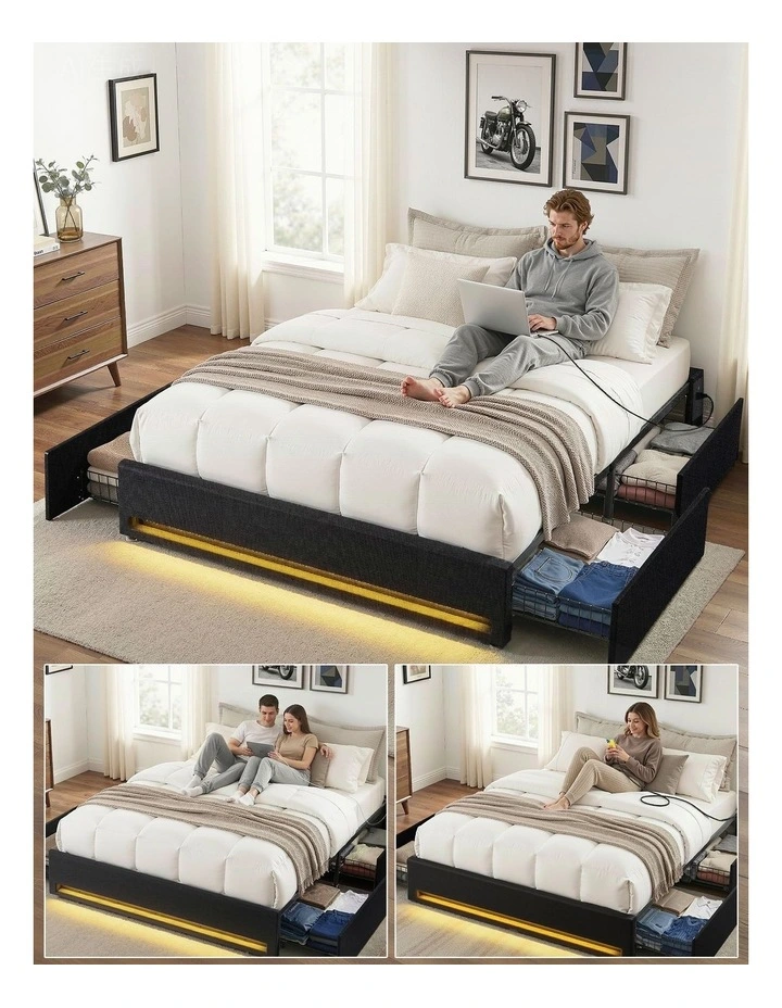 Double Bed Frame with Storage Drawers in Black image 5