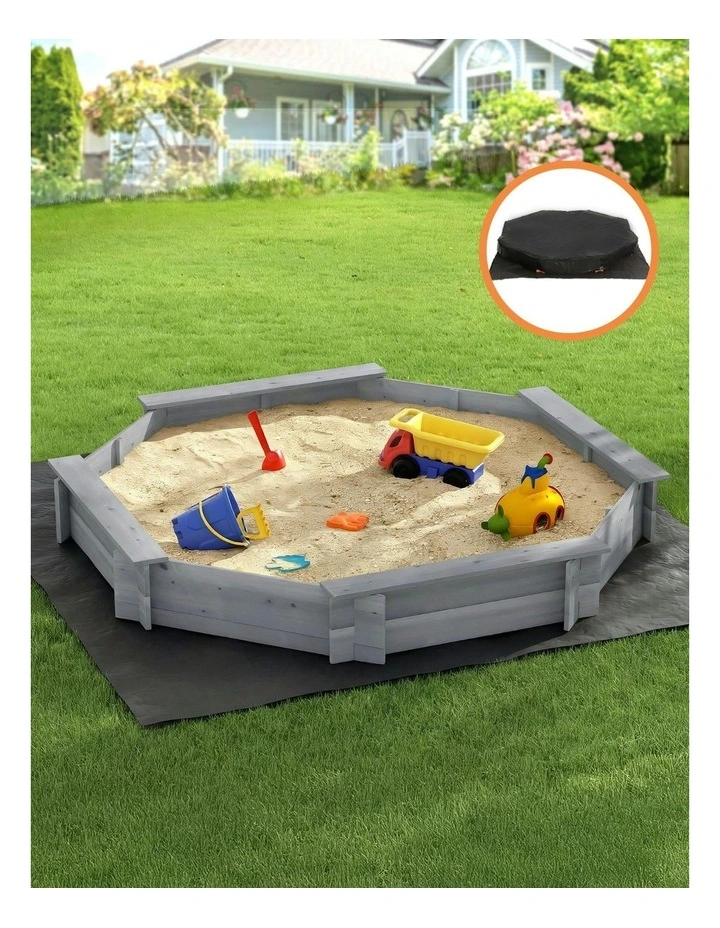 Wooden Round Sand Pit With Cover Bench Seat 182cm in Grey image 2