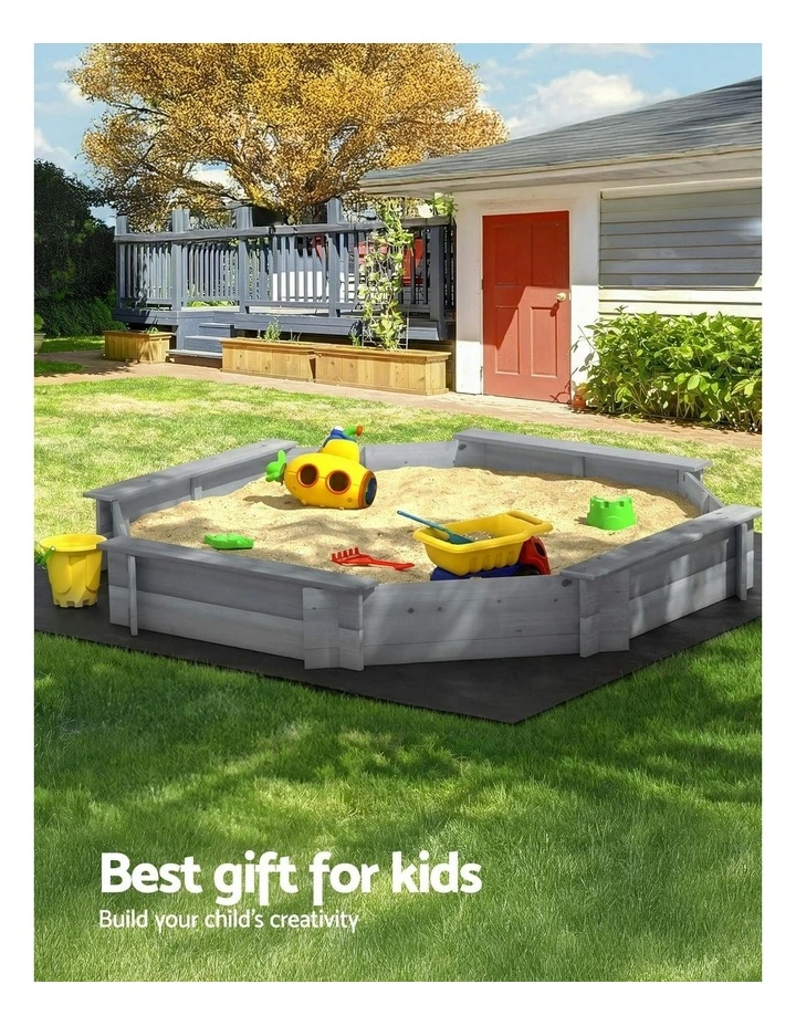 Wooden Round Sand Pit With Cover Bench Seat 182cm in Grey image 4