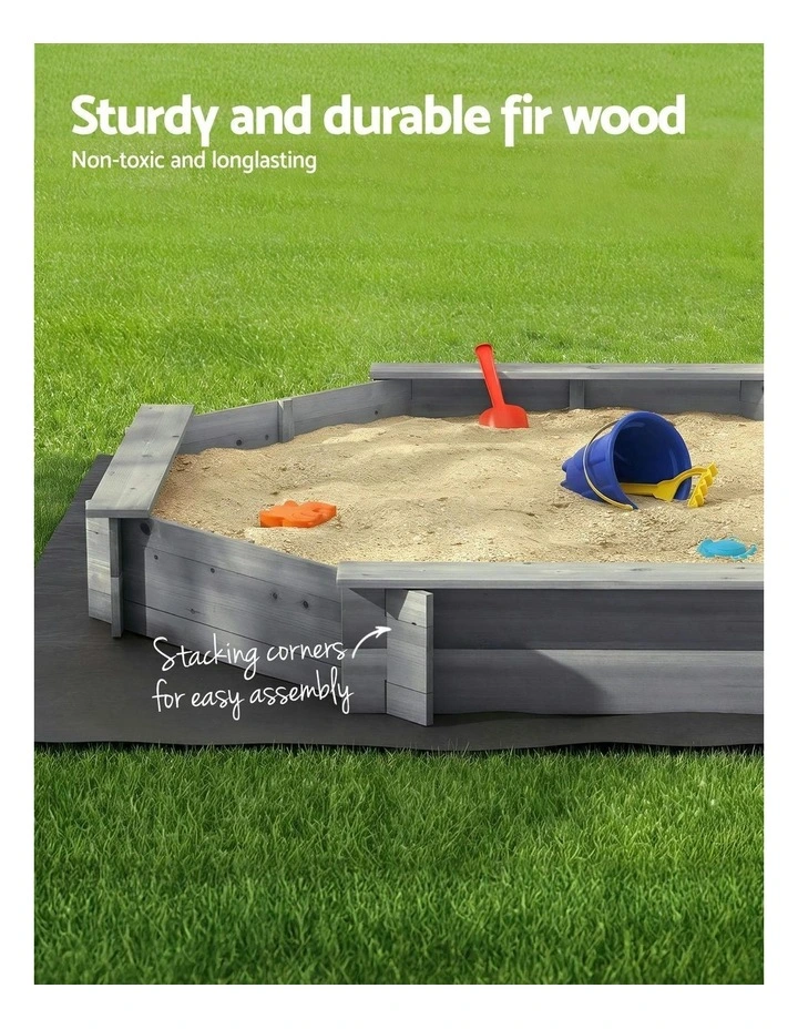 Wooden Round Sand Pit With Cover Bench Seat 182cm in Grey image 5