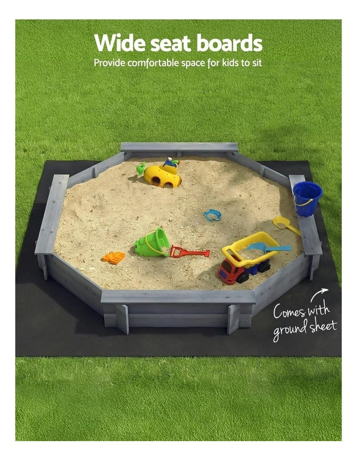Wooden Round Sand Pit With Cover Bench Seat 182cm in Grey image 6
