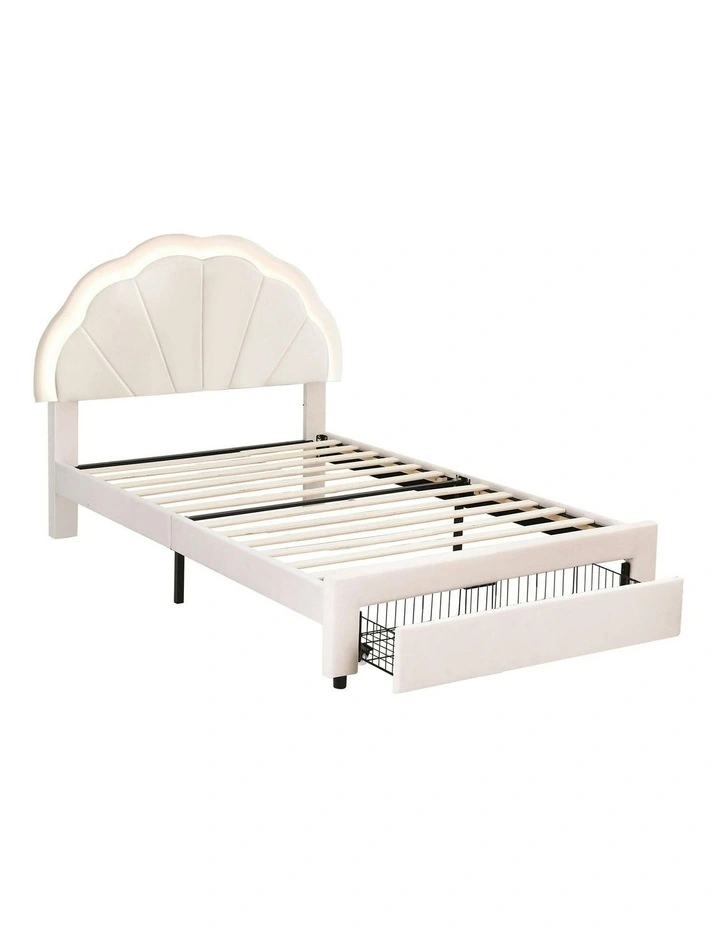 LED Upholstered Velvet Platform King Single Bed Frame in Cream image 1