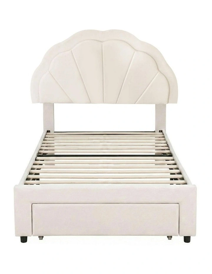 LED Upholstered Velvet Platform King Single Bed Frame in Cream image 2