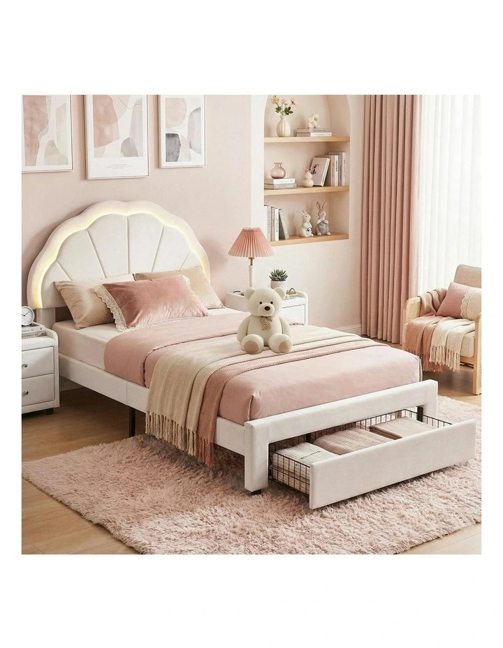 LED Upholstered Velvet Platform King Single Bed Frame in Cream image 3