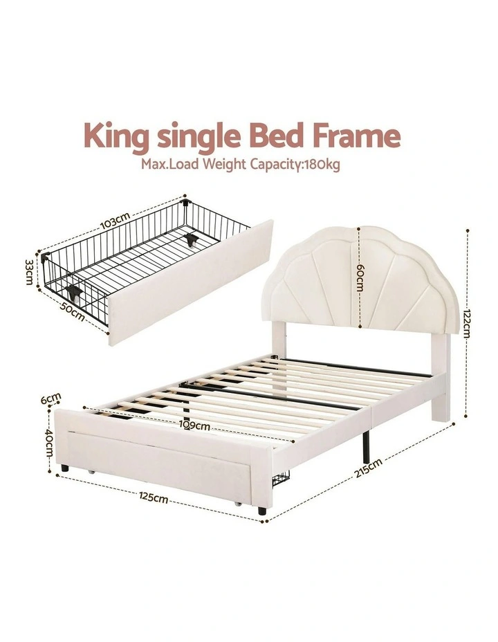 LED Upholstered Velvet Platform King Single Bed Frame in Cream image 4