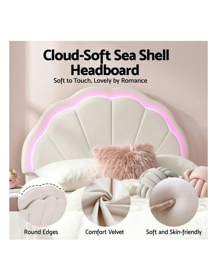 LED Upholstered Velvet Platform King Single Bed Frame in Cream image 5