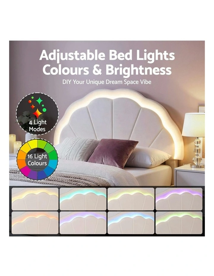 LED Upholstered Velvet Platform King Single Bed Frame in Cream image 6