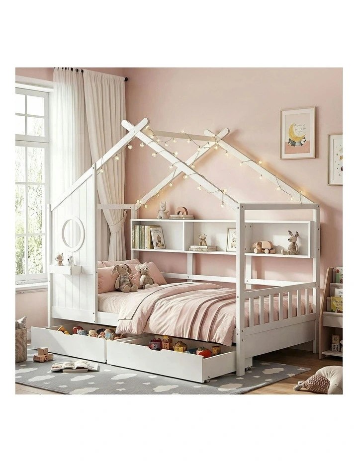 Single House Bed Frame With Storage in White image 3