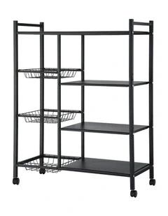 4-Tier Kitchen Storage Shelf With 3 Baskets Wheels in Black