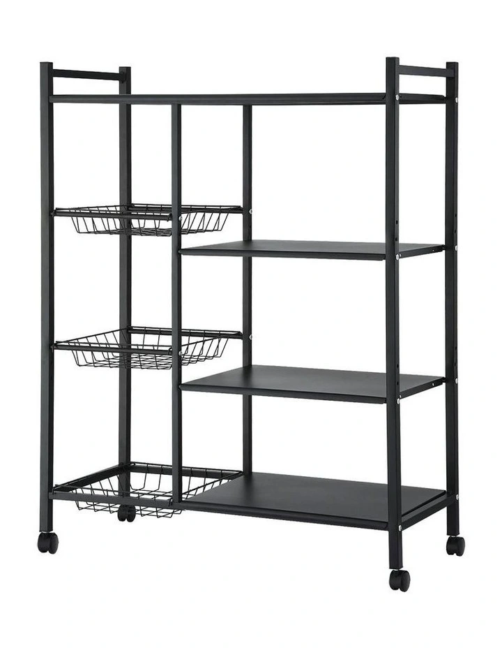 4-Tier Kitchen Storage Shelf With 3 Baskets Wheels in Black image 1