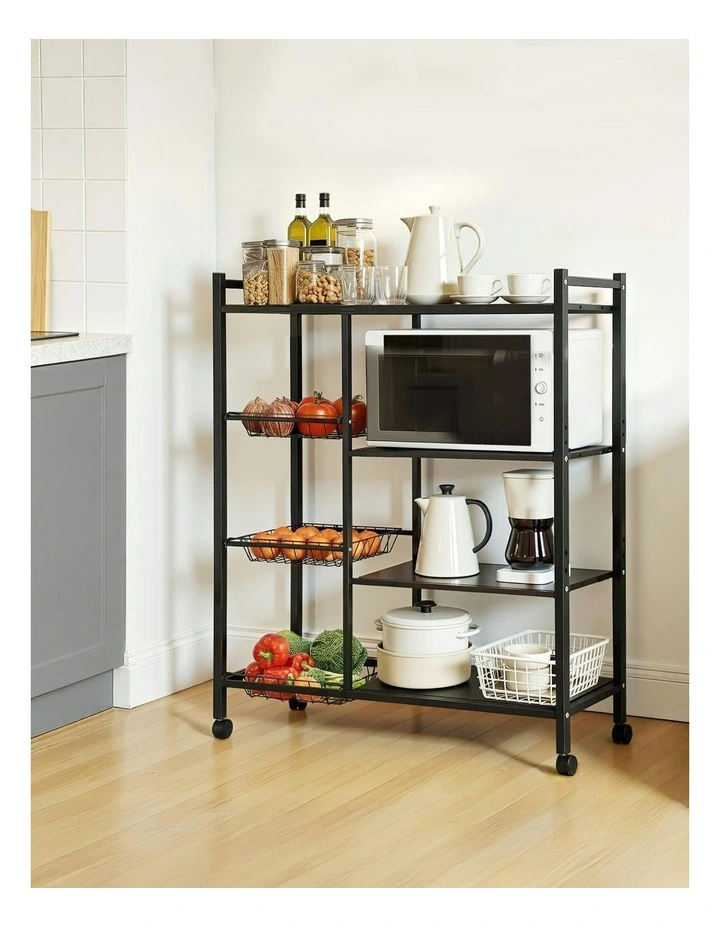 4-Tier Kitchen Storage Shelf With 3 Baskets Wheels in Black image 3