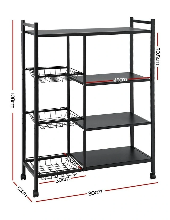 4-Tier Kitchen Storage Shelf With 3 Baskets Wheels in Black image 4