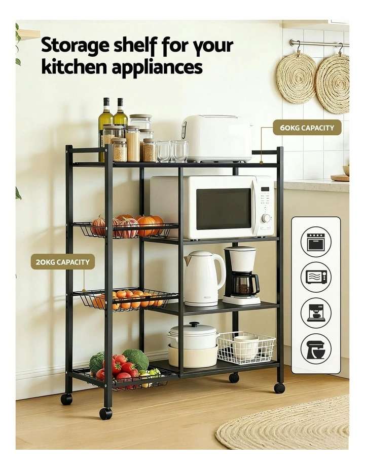 4-Tier Kitchen Storage Shelf With 3 Baskets Wheels in Black image 5