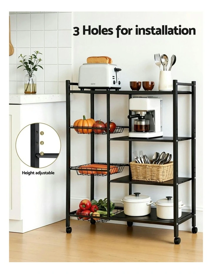 4-Tier Kitchen Storage Shelf With 3 Baskets Wheels in Black image 6