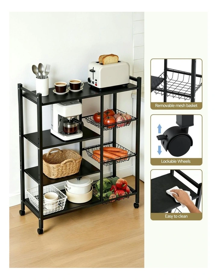 4-Tier Kitchen Storage Shelf With 3 Baskets Wheels in Black image 7
