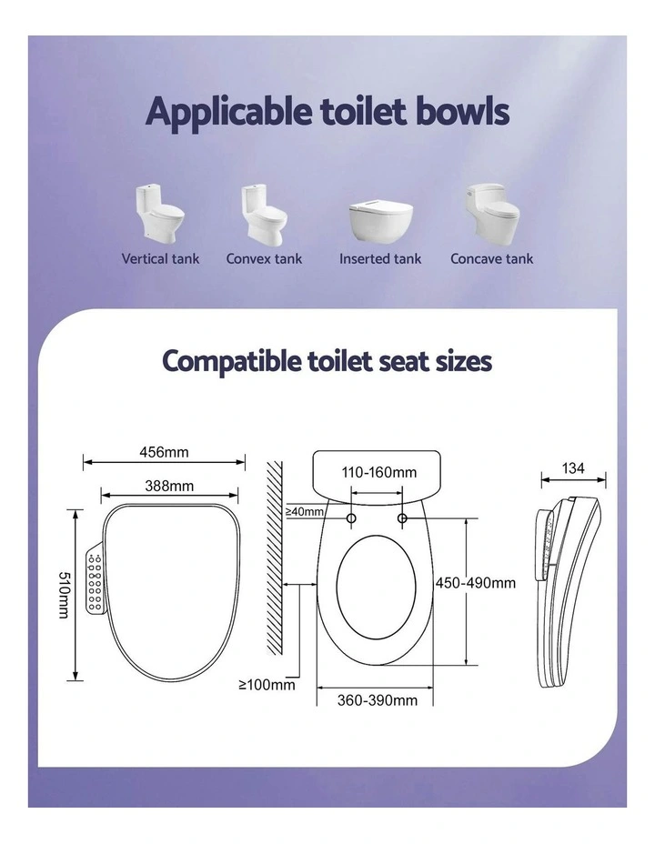 Cover Heated Warm Water Dryer LED Night Light Electric Bidet Toilet Seat in White image 4