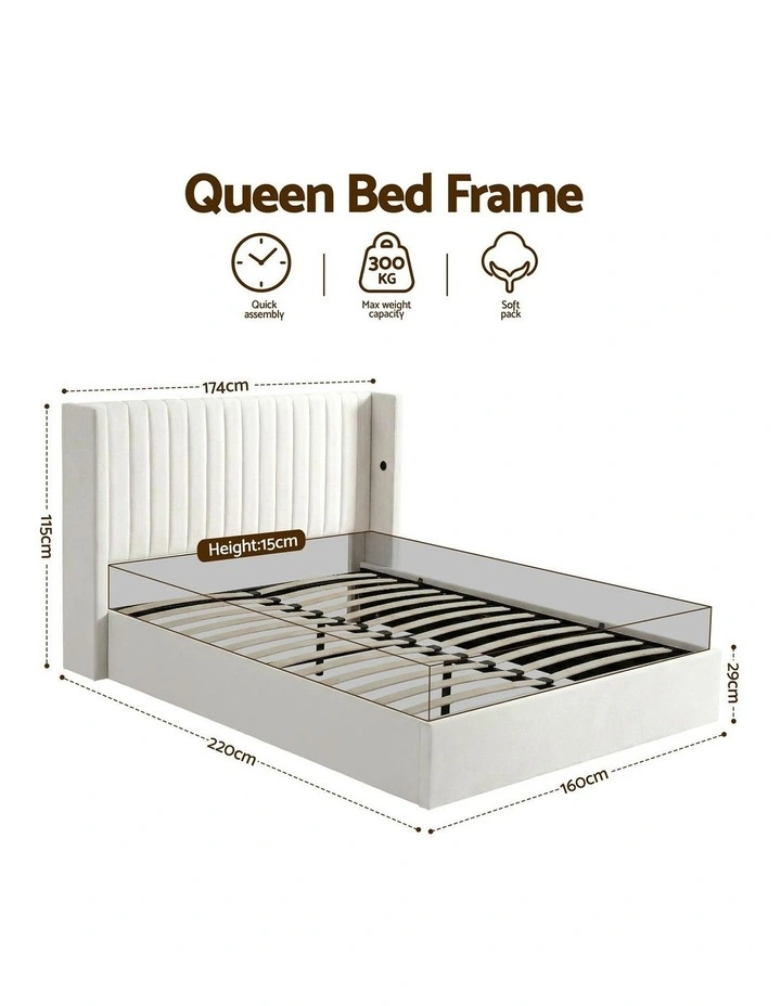 Queen Bed Frame With Gaslift Storage in White image 4