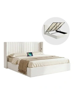 King Bed Frame with Gaslift Storage in White