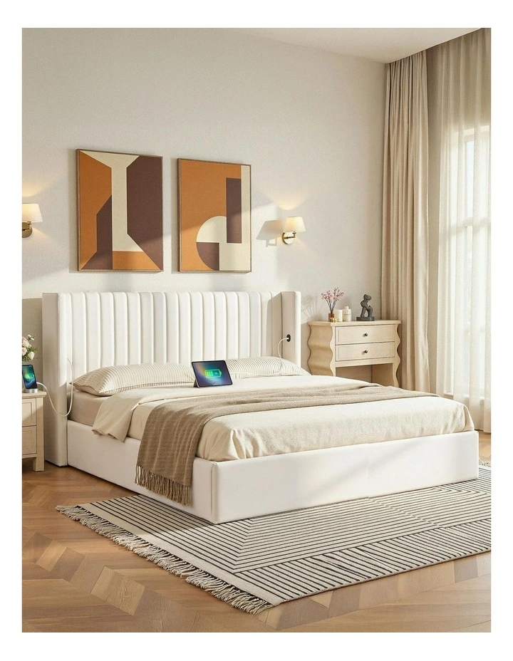 King Bed Frame with Gaslift Storage in White image 3