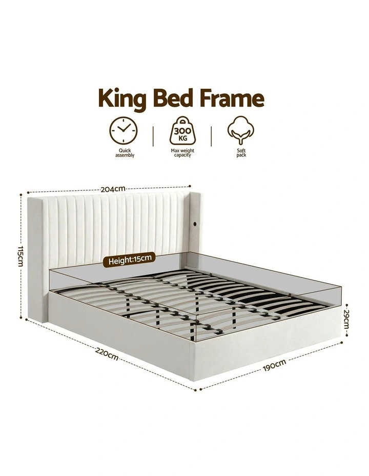 King Bed Frame with Gaslift Storage in White image 4