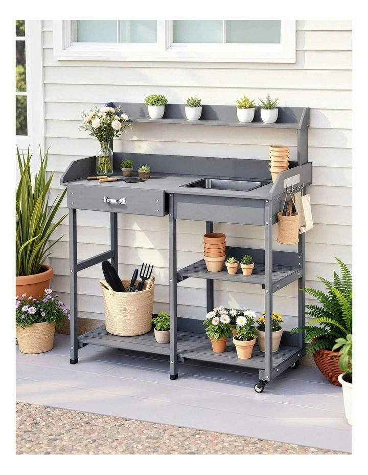 Outdoor Potting Bench Table Storage Cabinet Potters Garden Workstation in Grey image 3
