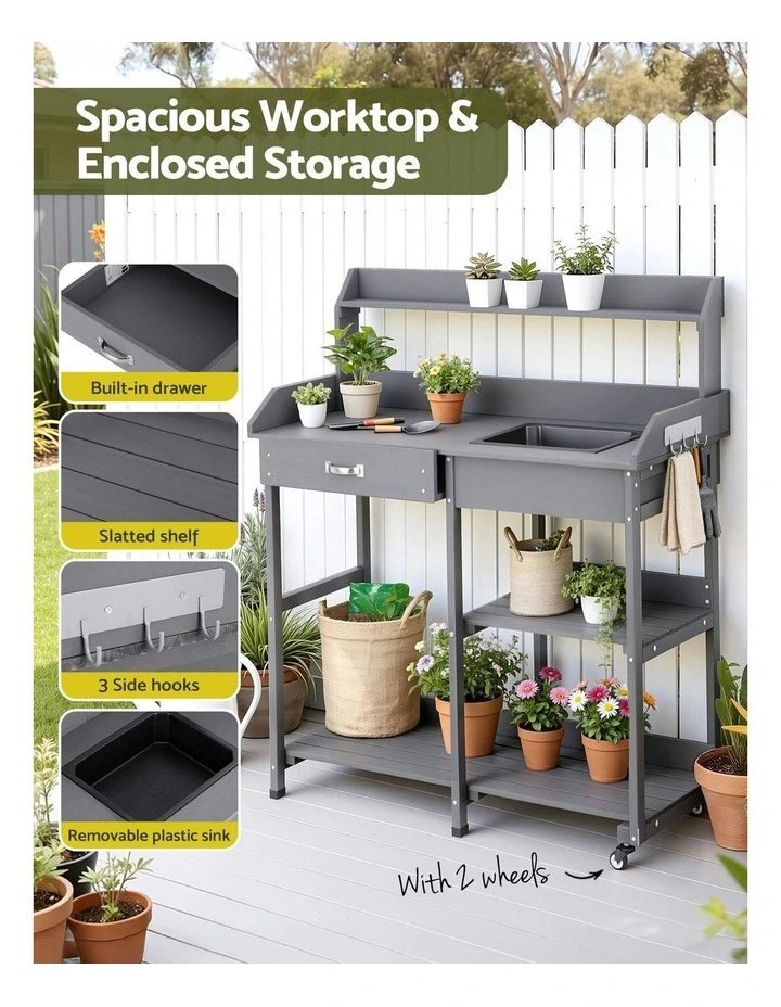 Outdoor Potting Bench Table Storage Cabinet Potters Garden Workstation in Grey image 5