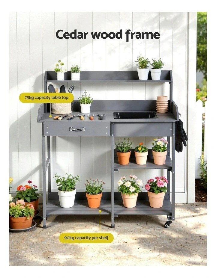 Outdoor Potting Bench Table Storage Cabinet Potters Garden Workstation in Grey image 6