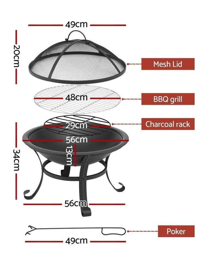 Fire Pit With Mesh Lid And Fire Picker in Black image 3