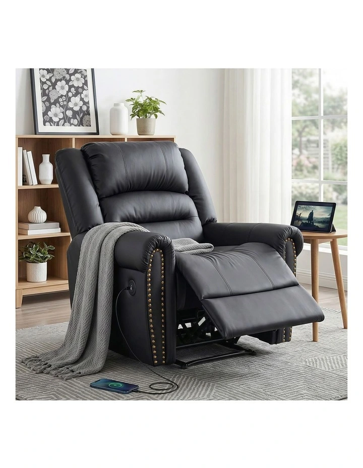 Leather Manual Recliner Chair with USB in Black image 2