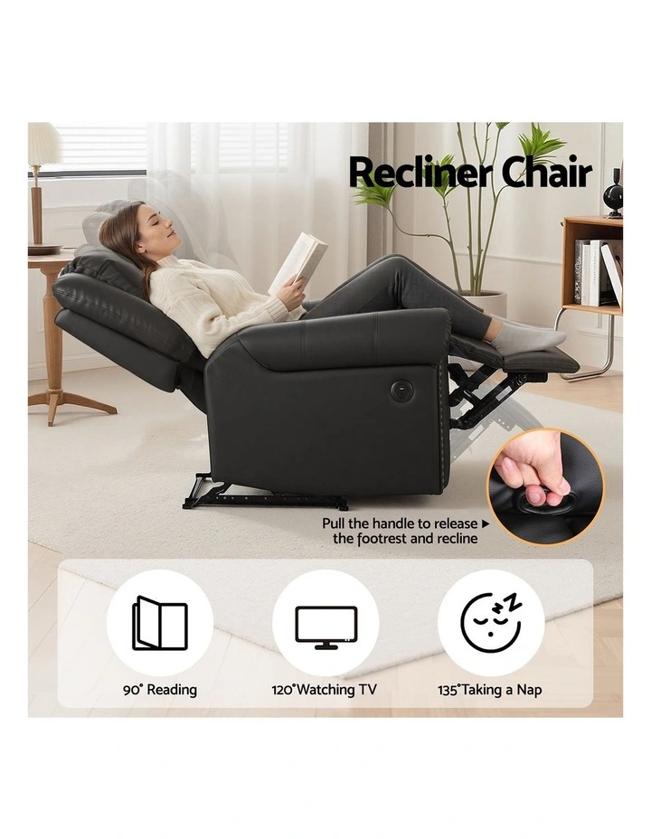 Leather Manual Recliner Chair with USB in Black image 5