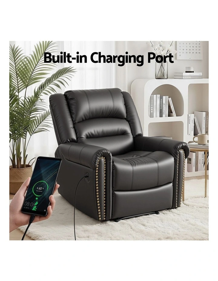 Leather Manual Recliner Chair with USB in Black image 6
