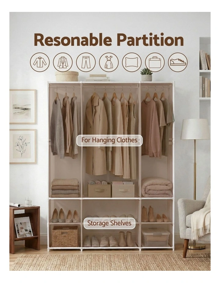 Large Portable Clothes Closet Wardrobe with Open Shelf in White image 5