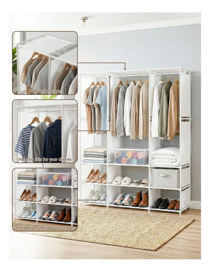 Large Portable Clothes Closet Wardrobe with Open Shelf in White image 7