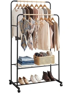 Double Rod Airer Rail Coat Stand Adjustable Hanger Clothes Rack in Black