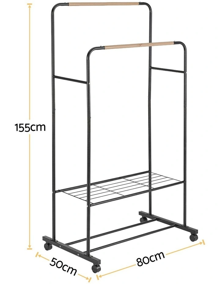 Double Rod Airer Rail Coat Stand Adjustable Hanger Clothes Rack in Black image 3