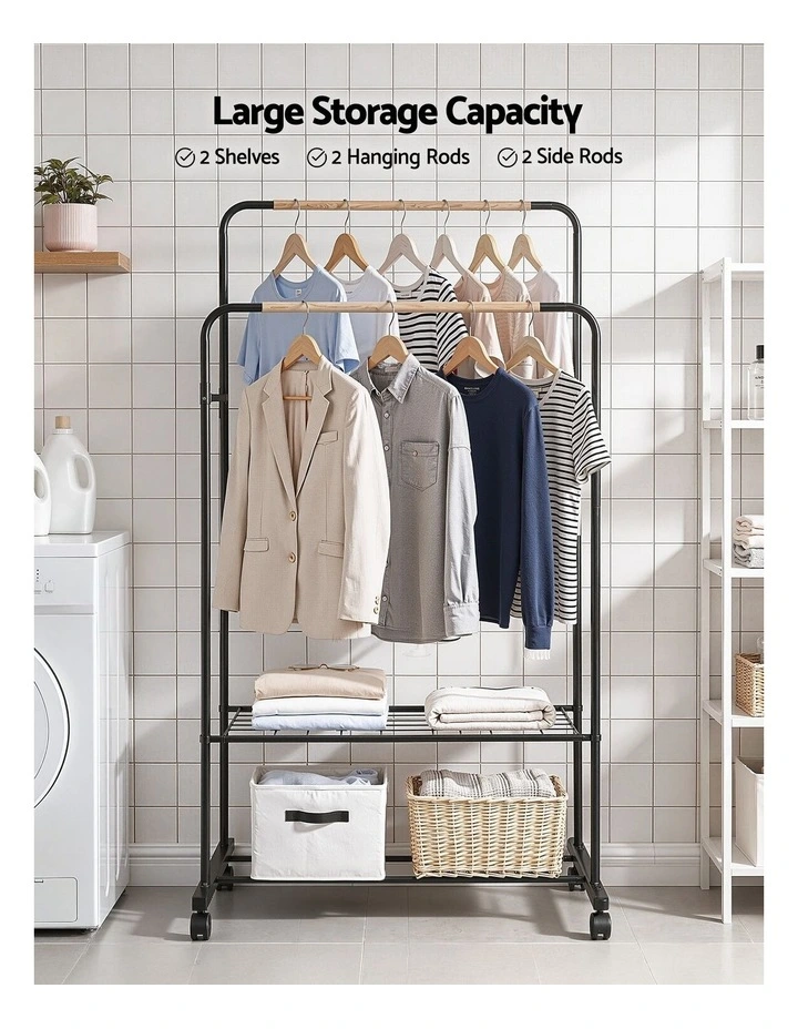 Double Rod Airer Rail Coat Stand Adjustable Hanger Clothes Rack in Black image 5