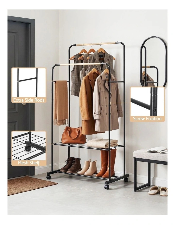 Double Rod Airer Rail Coat Stand Adjustable Hanger Clothes Rack in Black image 6