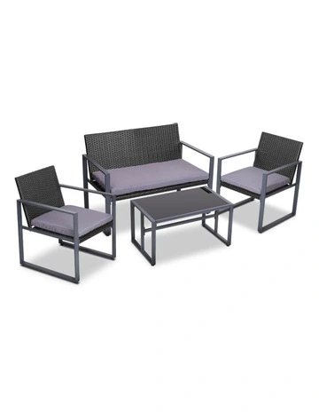 Outdoor Sofa Set Rattan Furniture Glass Top Table Chairs 4 PCS in Black