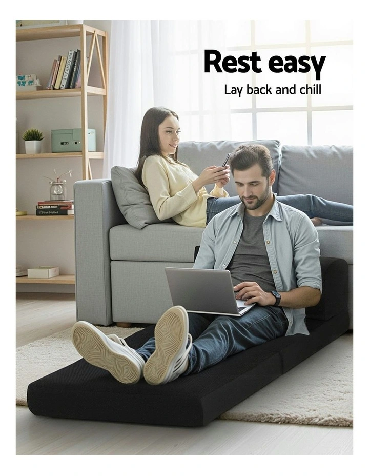 Folding Foam Mattress Portable Single Sofa Bed Mat Air Mesh Fabric Black image 2