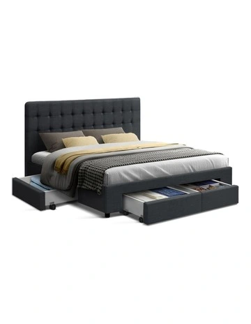 Queen Size Fabric Bed Frame Headboard with Drawers  Charcoal