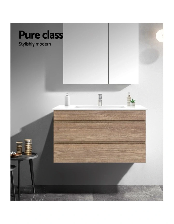 Bathroom Vanity Cabinet Basin Unit Sink Storage Wall Hung Oak White 900mm image 3