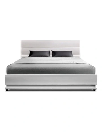 LED Bed Frame Queen Size Gas Lift Base Storage Leather LUMI in White