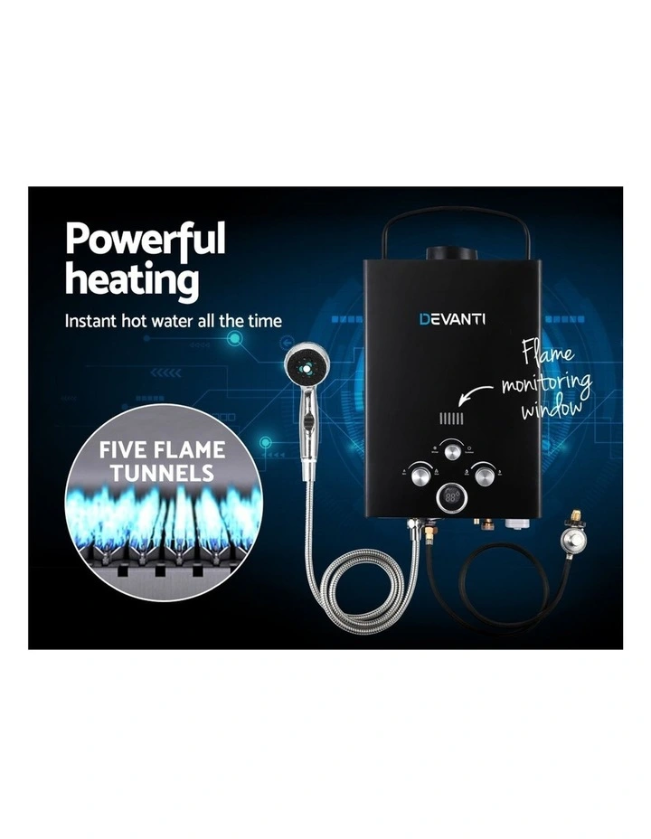 Devanti Outdoor Camping Gas Hot Water Heater Portable Shower  GWH-LPG-8L-SW-BK-DI-PUMP | MYER
