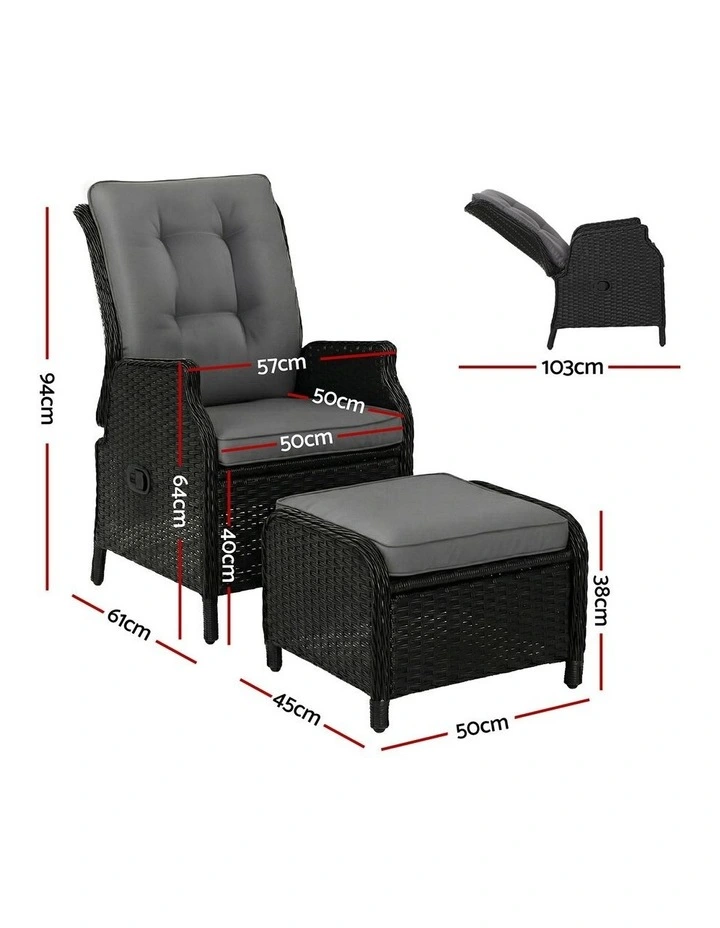 Wicker Outdoor Garden Chair Recliner Set in Black image 3