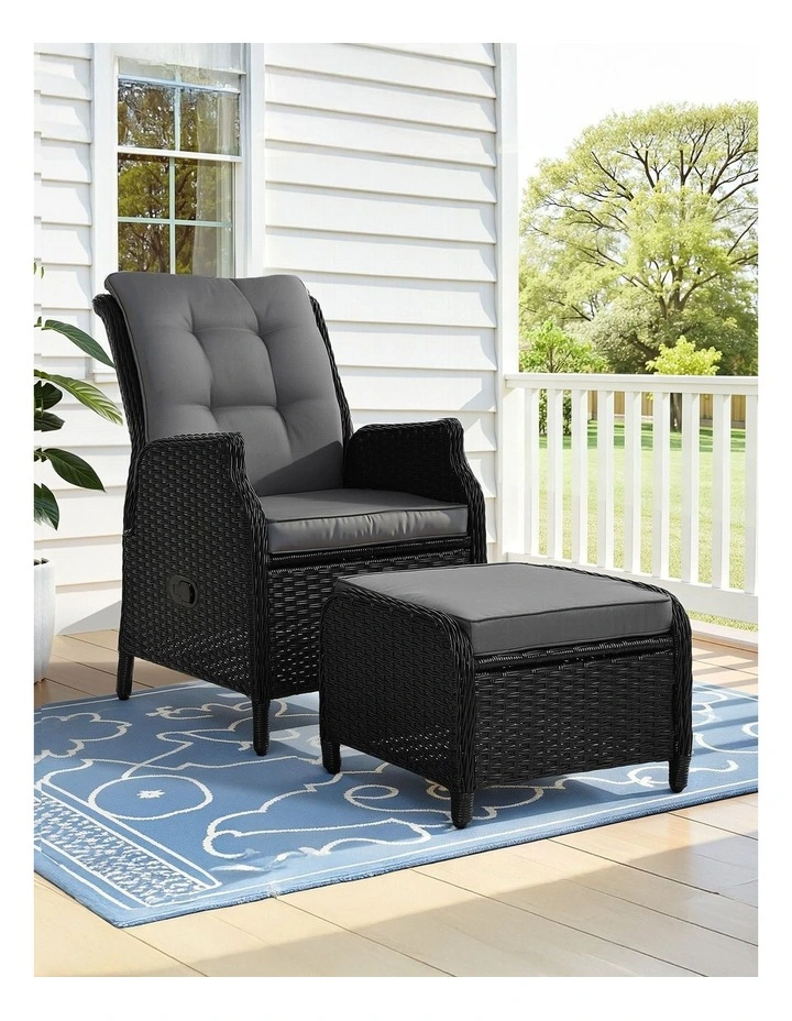 Wicker Outdoor Garden Chair Recliner Set in Black image 4