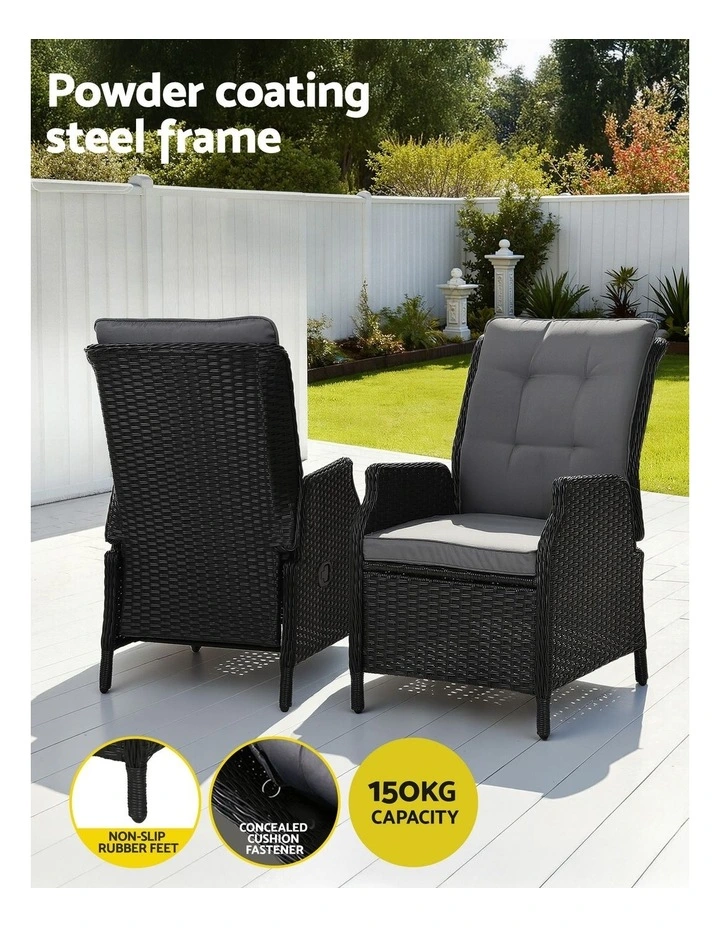 Wicker Outdoor Garden Chair Recliner Set in Black image 7