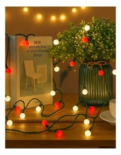 300 LED Connectable Cluster String Light with Cherry Balls in Dark Green Cable Red   White
