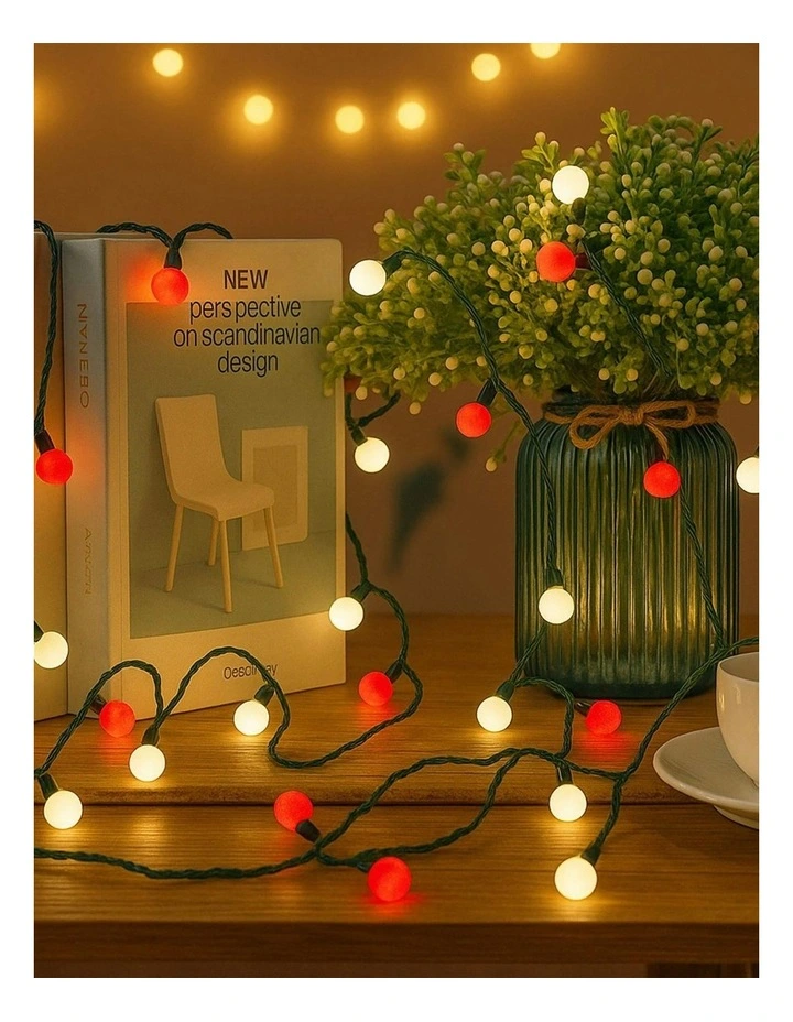 300 LED Connectable Cluster String Light with Cherry Balls in Dark Green Cable Red   White image 1